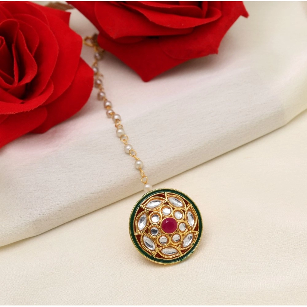 Generic Women's Maroon &amp; Green Color Kundan Meena Borla Tikka 