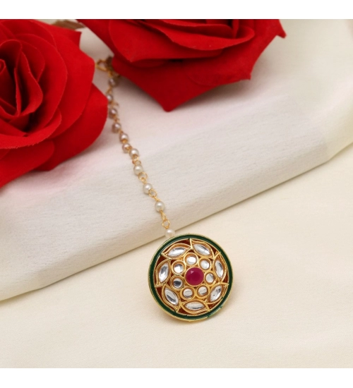 Generic Women's Maroon &amp; Green Color Kundan Meena Borla Tikka 