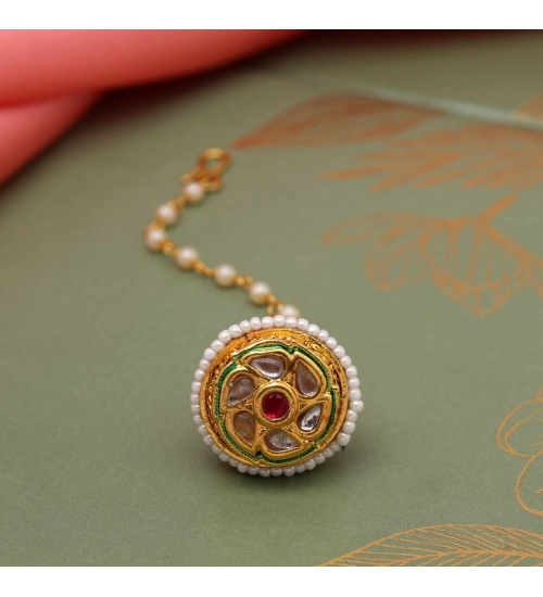 Generic Women's Maroon &amp; Green Color Kundan Meena Borla Tikka 