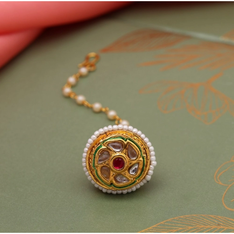 Generic Women's Maroon &amp; Green Color Kundan Meena Borla Tikka 