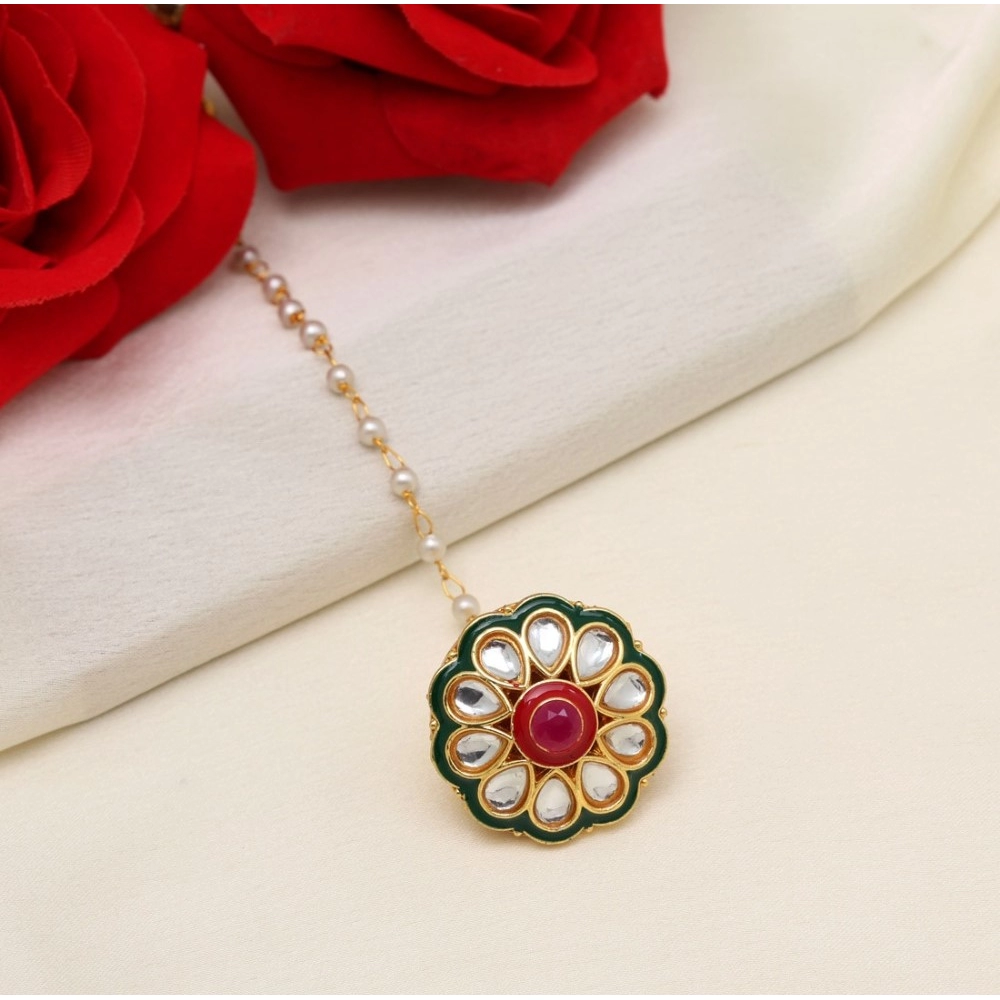 Generic Women's Maroon &amp; Green Color Kundan Meena Borla Tikka 