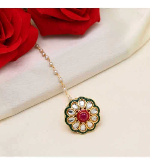 Generic Women's Maroon &amp; Green Color Kundan Meena Borla Tikka 