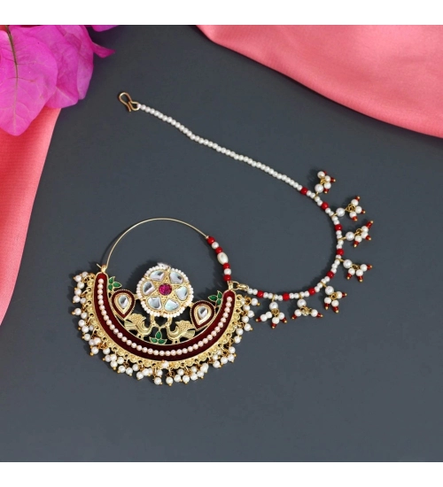 Generic Women's Maroon Color Kundan &amp; Beads Nose Nath 