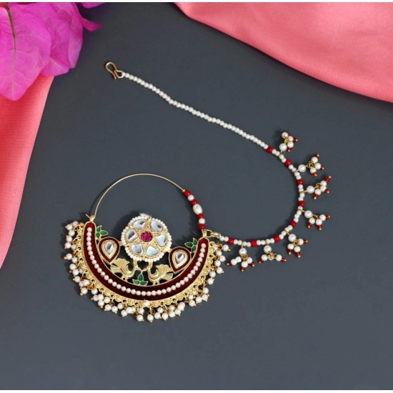 Generic Women's Maroon Color Kundan & Beads Nose Nath Generic Women's Maroon Color Kundan & Beads Nose Nath