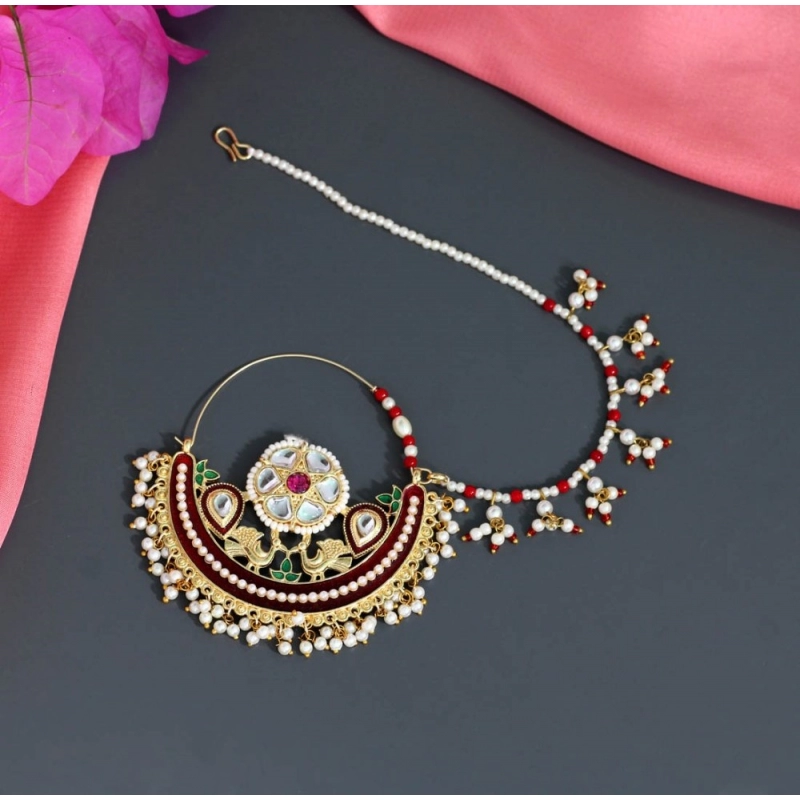 Generic Women's Maroon Color Kundan &amp; Beads Nose Nath 