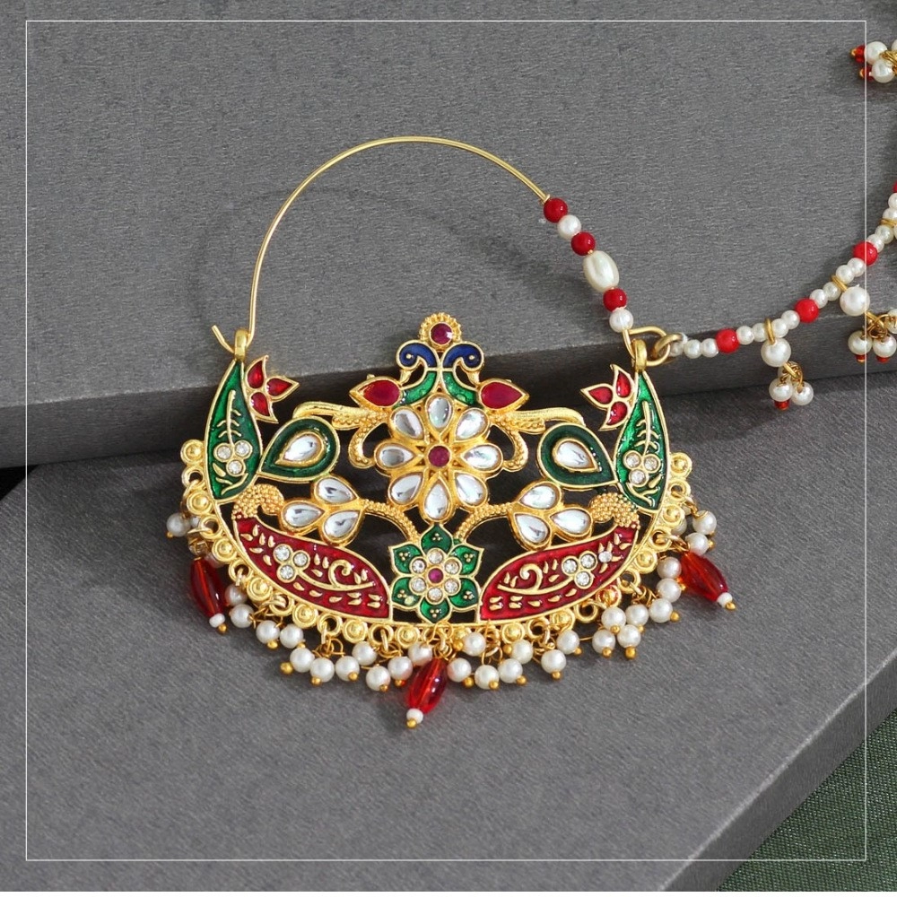 Generic Women's Maroon &amp; Green Color Kundan &amp; Beads Nose Nath 