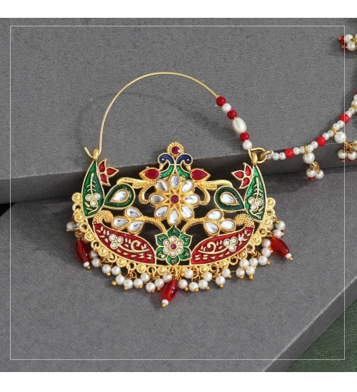 Generic Women's Maroon &amp; Green Color Kundan &amp; Beads Nose Nath 