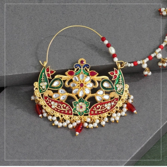 Generic Women's Maroon &amp; Green Color Kundan &amp; Beads Nose Nath 