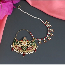 Generic Women's Maroon &amp; Green Color Kundan &amp; Beads Nose Nath 