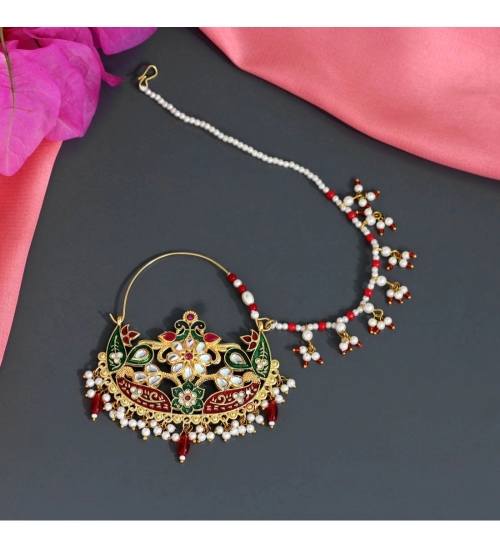 Generic Women's Maroon &amp; Green Color Kundan &amp; Beads Nose Nath 