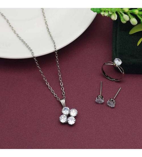 Generic Women's Silver Color Stone Locket Pendant Set Adjustable Ring