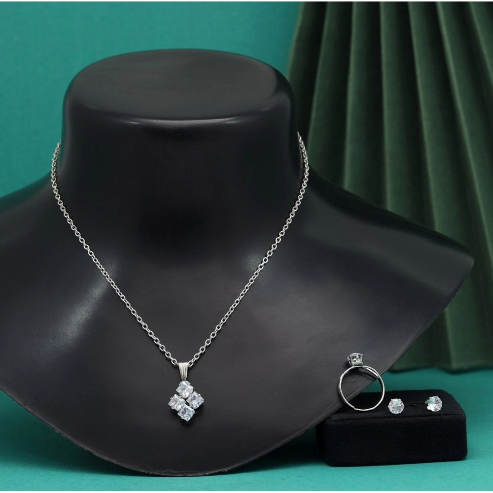 Generic Women's Silver Color Stone Locket Pendant Set Adjustable Ring