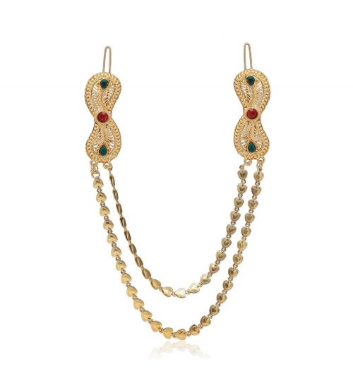 Generic Women's Maroon &amp; Green Color Gold Plated Hair Pin / Juda Pin 