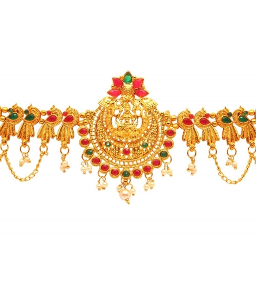 Generic Women's Maroon &amp; Green Color Glass Stone Kamarband Adjustable Chain