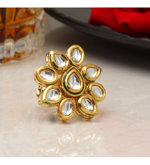 Generic Women's White Color Kundan Meenakari Finger Ring For Women Adjustable Ring
