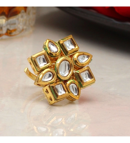 Generic Women's White Color Kundan Meenakari Finger Ring For Women Adjustable Ring