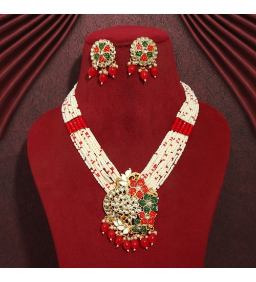 Generic Women's Red Color Long Meenakari Necklace Set 