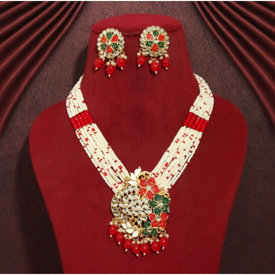 Generic Women's Red Color Long Meenakari Necklace Set 