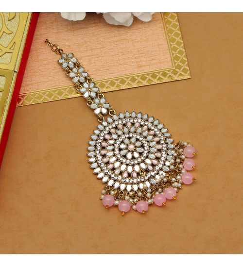 Generic Women's Pink Color Mirror Work Maang Tikka 
