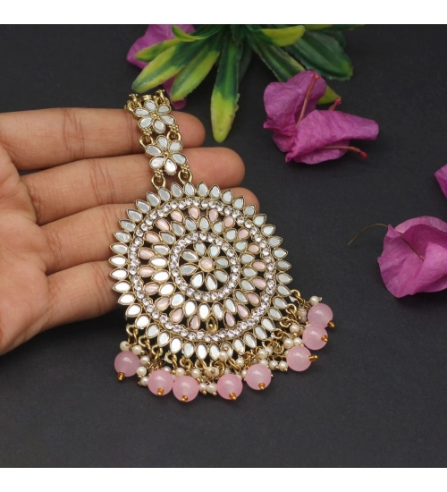 Generic Women's Pink Color Mirror Work Maang Tikka 