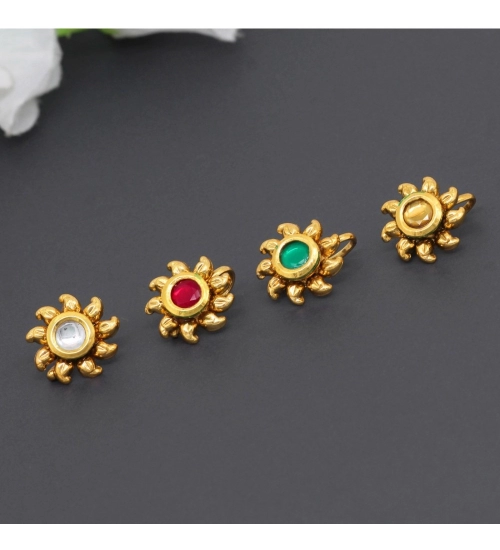 Generic Women's Multi Color Kundan Nose Pin Combo Of 4 Pieces 