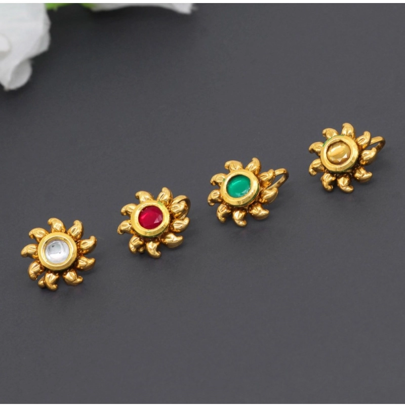 Generic Women's Multi Color Kundan Nose Pin Combo Of 4 Pieces 