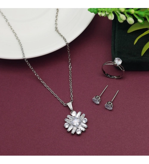 Generic Women's Silver Color Stone Locket Pendant Set Adjustable Ring