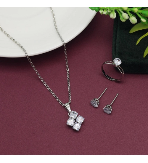 Generic Women's Silver Color Stone Locket Pendant Set Adjustable Ring