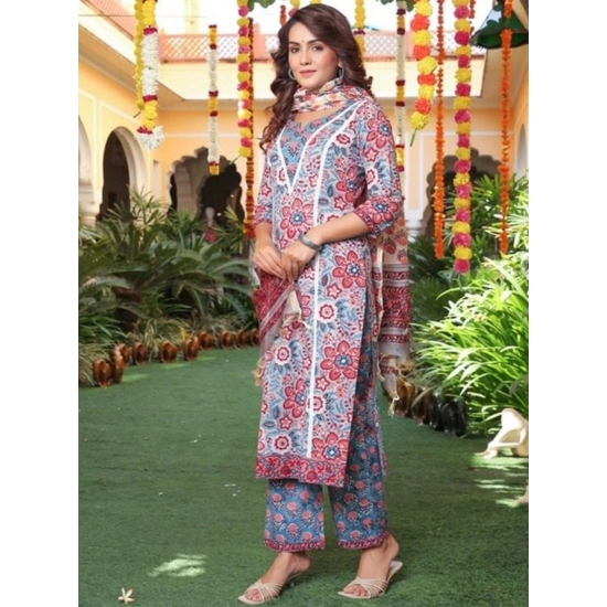 Generic Women's Casual 3/4th Sleeve Printed Cotton Kurti Set (Pastel Blue) Generic Women's Casual 3/4th Sleeve Printed Cotton Kurti Set (Pastel Blue)