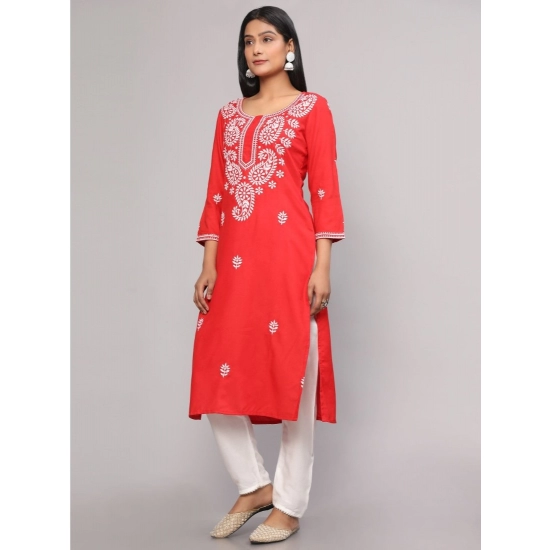 Generic Women's Casual 3/4th Sleeve Embroidered Georgette Kurti (Red)