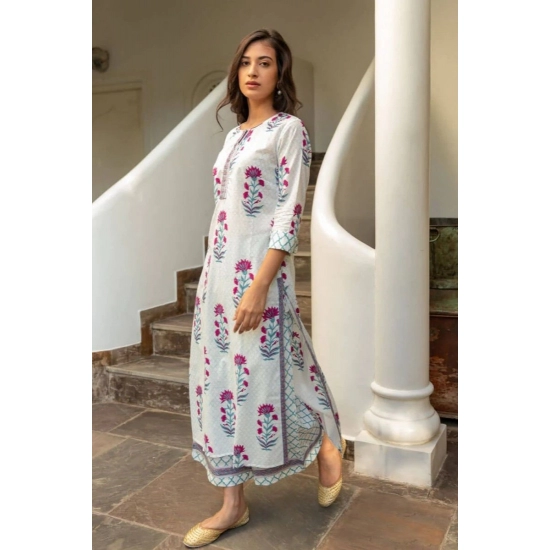Generic Women's Casual 3/4th Sleeve Floral Print Cotton Kurti Set (White &amp; Purple)