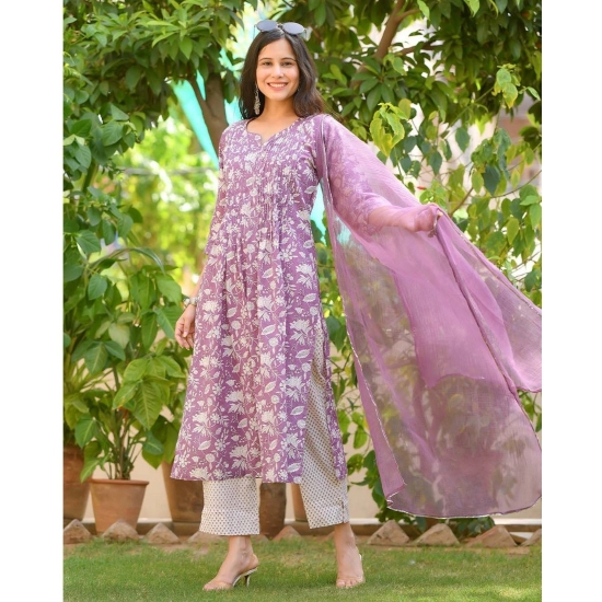 Generic Women's Casual 3/4th Sleeve Printed Cotton Kurti Set (Purple) Generic Women's Casual 3/4th Sleeve Printed Cotton Kurti Set (Purple)