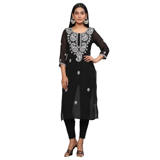 Generic Women's Casual 3/4th Sleeve Embroidered Georgette Kurti (Black) Generic Women's Casual 3/4th Sleeve Embroidered Georgette Kurti (Black)