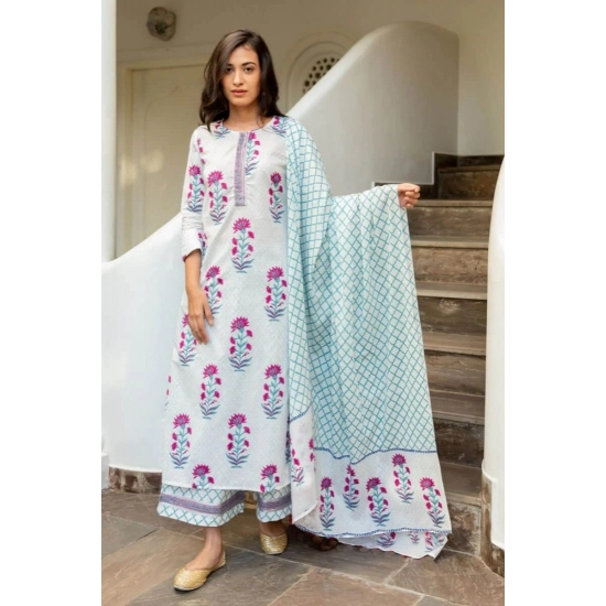 Generic Women's Casual 3/4th Sleeve Floral Print Cotton Kurti Set (White &amp; Purple)