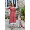Generic Women's Casual 3/4th Sleeve Printed Cotton Kurti Set (Red)