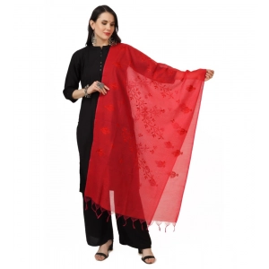 Generic Women's Cotton Embroidered Dupatta (Red, Length: 2.25 to 2.50 Mtr)