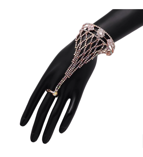 Generic Women's Rainblow Color Rose Gold Rhinestone Hathphool Adjustable Bracelet