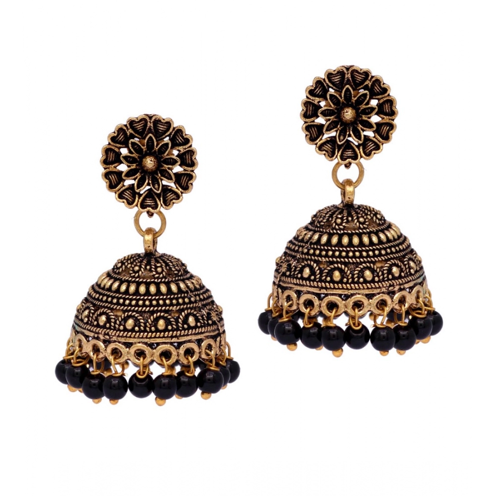 Generic Women's Rajasthani Traditional Wedding Collection Floral Design Gold Oxidised Black Color Jhumki Earrings 