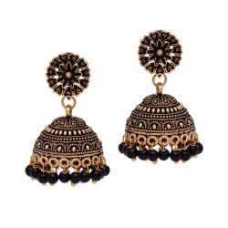 Generic Women's Rajasthani Traditional Wedding Collection Floral Design Gold Oxidised Black Color Jhumki Earrings 