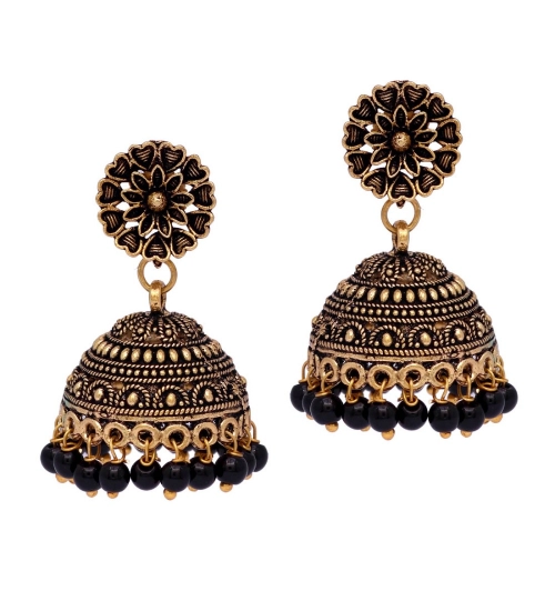 Generic Women's Rajasthani Traditional Wedding Collection Floral Design Gold Oxidised Black Color Jhumki Earrings 