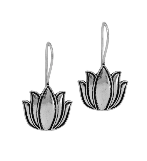 Generic Women's Lotus Oxidised Silver Plated Stud Dangler Earrings 