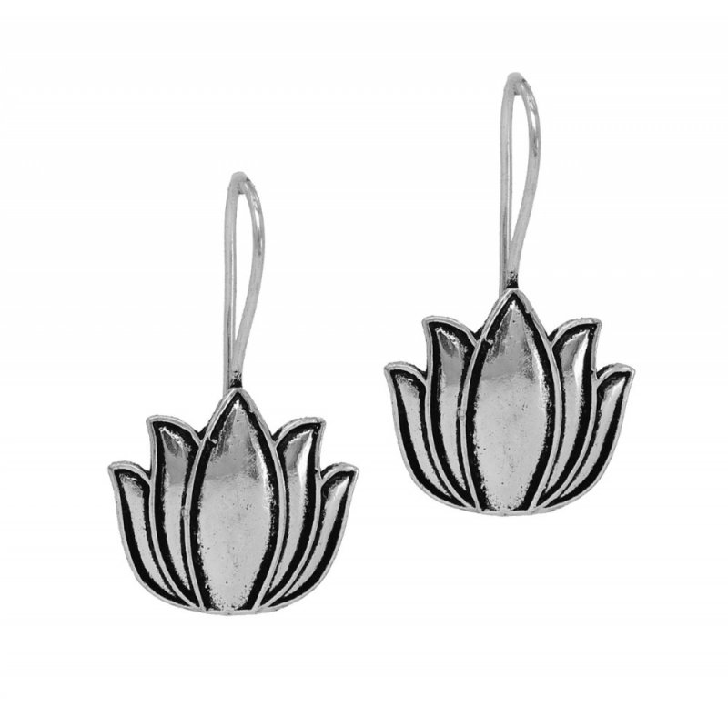 Generic Women's Lotus Oxidised Silver Plated Stud Dangler Earrings Generic Women's Lotus Oxidised Silver Plated Stud Dangler Earrings