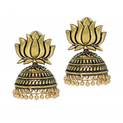 Generic Women's Handmade Gold Plated Lotus Shape Oxidised Jhumki 