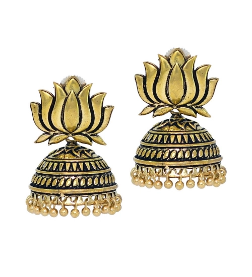 Generic Women's Handmade Gold Plated Lotus Shape Oxidised Jhumki 