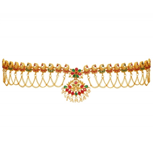 Generic Women's Maroon &amp; Green Color Glass Stone Kamarband Adjustable Chain