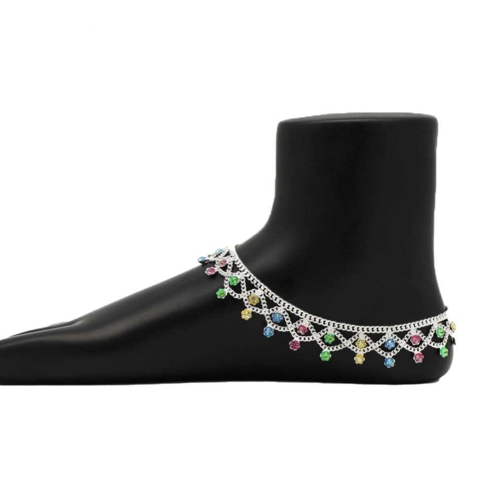 Generic Women's Multi Color Rhinestone Anklets (Free Size: Upto 10&quot;) 