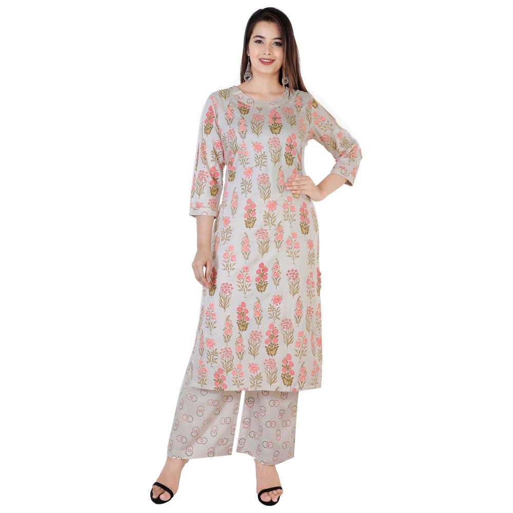 Women's Casual 3/4 Sleeve Printed Rayon Kurti With Palazzo Set (Beige)