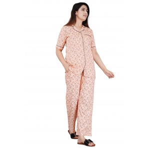 Generic Women's Casual Half Sleeve Printed Viscose Rayon Shirt With Pyjama Pant Night Suit Set (Peach)