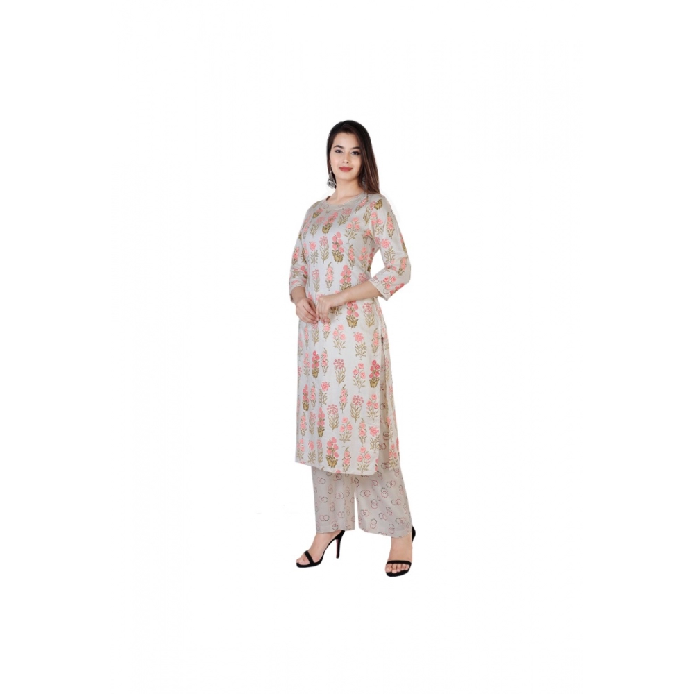 Women's Casual 3/4 Sleeve Printed Rayon Kurti With Palazzo Set (Beige)