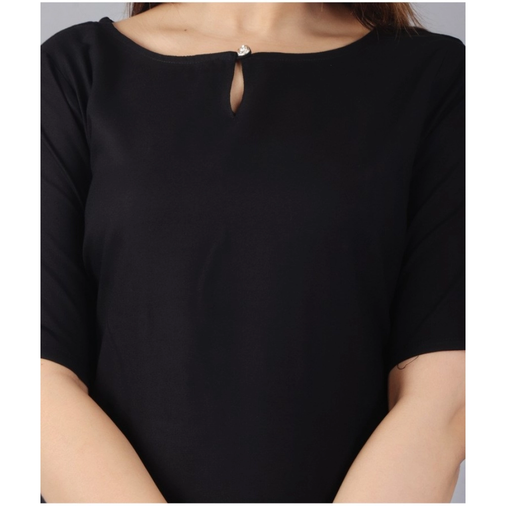 Women's Casual Half Sleeve Solid Rayon Kurti With Pant And Dupatta Set (Black)